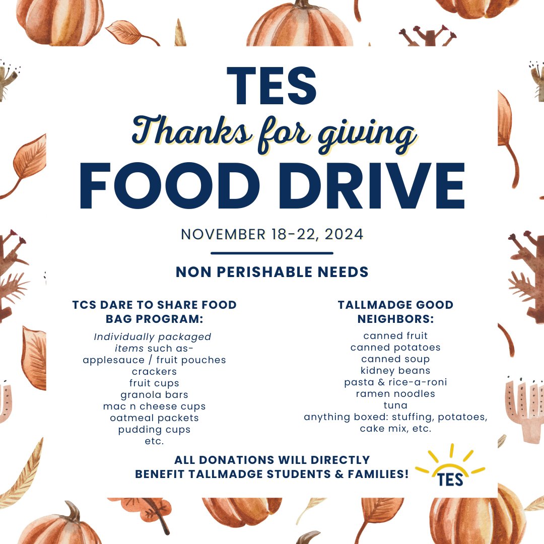 MsDauberman's tweet photo. Next week we're holding our annual Thanks for giving food drive (Nov 18-22)! See the graphic for highly needed items. All donations will benefit Tallmadge students and families! #TallmadgeElementary #ThanksForGiving https://t.co/gqijyX7aPm