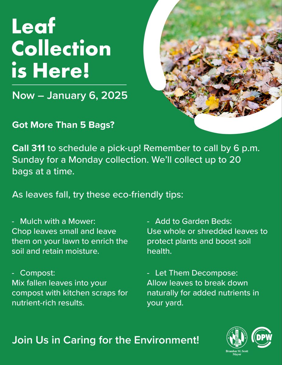 BaltimoreDPW's tweet photo. 🍂 Hey, Baltimore! It’s that time of year again—Leaf Collection Season is here! 🌟
From now until January 6, 2025, let’s keep our city beautiful and clear of leaves. #LeafCollection #Baltimore #EcoFriendly https://t.co/5q7br2sr0H