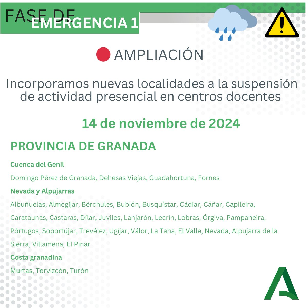 🔴 Mañana se suspende la actividad lectiva presencial las provincias de Huelva y Málaga, 29 municipios de Cádiz, 126 localidades de Granada y 76 de  Sevilla.
👉 Para garantizar la seguridad de la comunidad educativa y evitar desplazamientos.