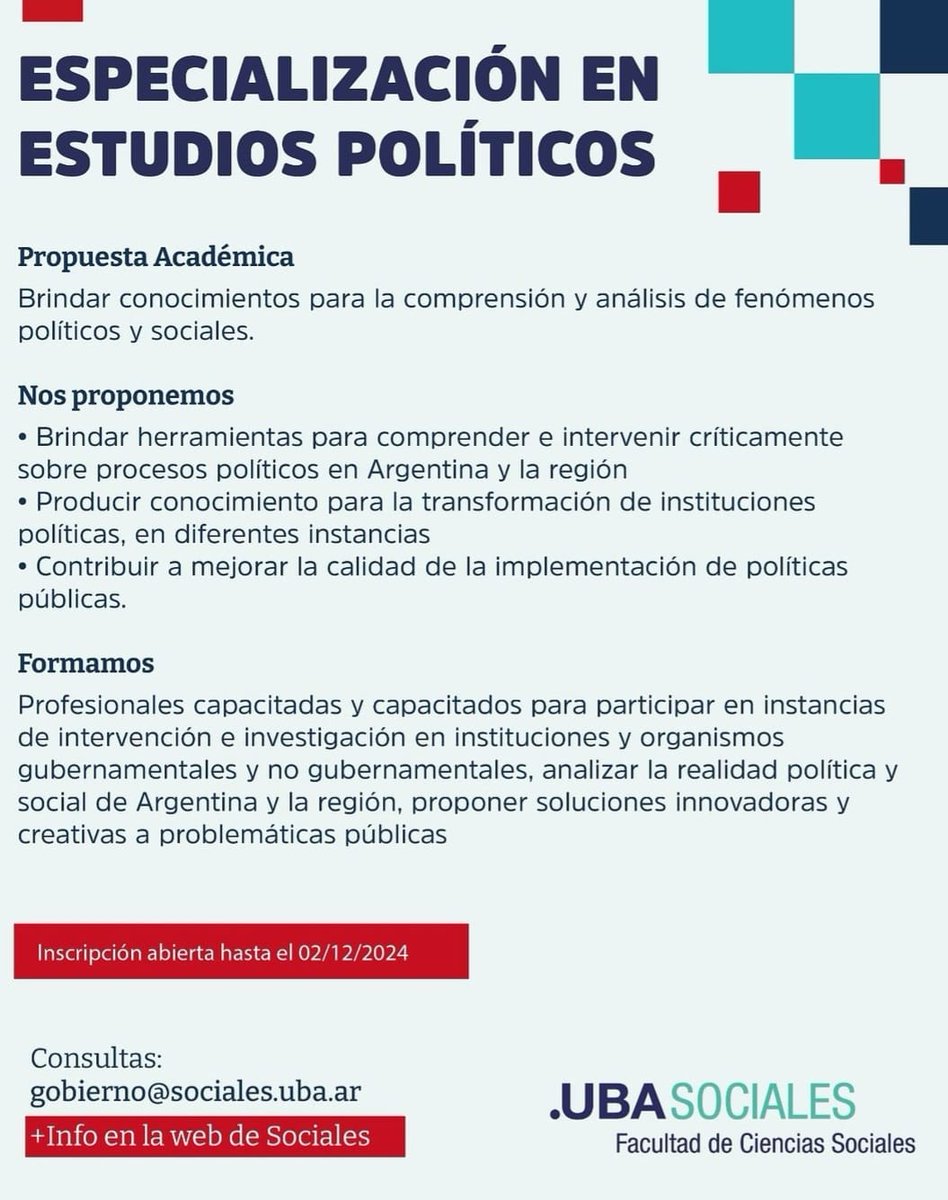 Para interesados en hacer un posgrado en Ciencia Política, no duden en anotarse en la Maestría en Gobierno de la UBA. También cuentan con la opción de la Especialización en Estudios Políticos, ambas dirigidas por @Inestula1. 

Las inscripciones son hasta el 2/12.