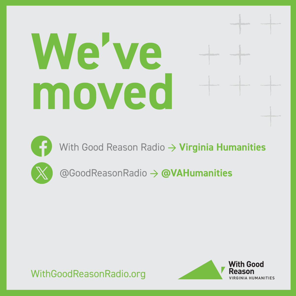 ICYMI, we’ve moved to <a href="/VAHumanities/">Virginia Humanities</a>! Join us over there to stay up-to-date on everything With Good Reason. Plus, learn more about all the other exciting work Virginia Humanities is doing 💡💭