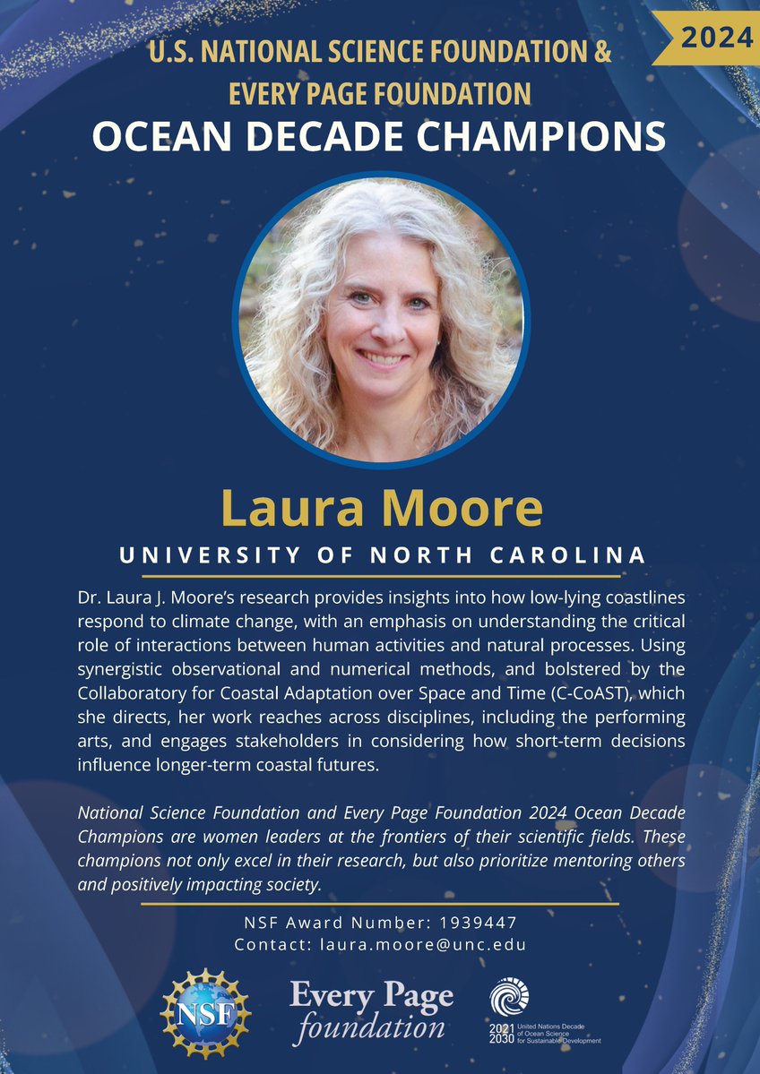 Dr. Laura Moore is one of 22 women science leaders named a 2024 Ocean Decade Champion!

This recognition from the National Science Foundation and Every Page Foundation supports champions and projects from the NSF Coastlines and People program.

new.nsf.gov/news/supportin… (1/4)
