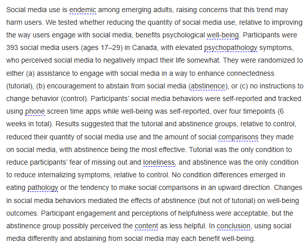 DTWillingham's tweet photo. New intervention study in 17-29 year olds with elevated psychopathology symptoms : "Using social media differently and abstaining from social media may each benefit well-being." https://t.co/qWVvRPhARC https://t.co/KXrHEc8Sjc