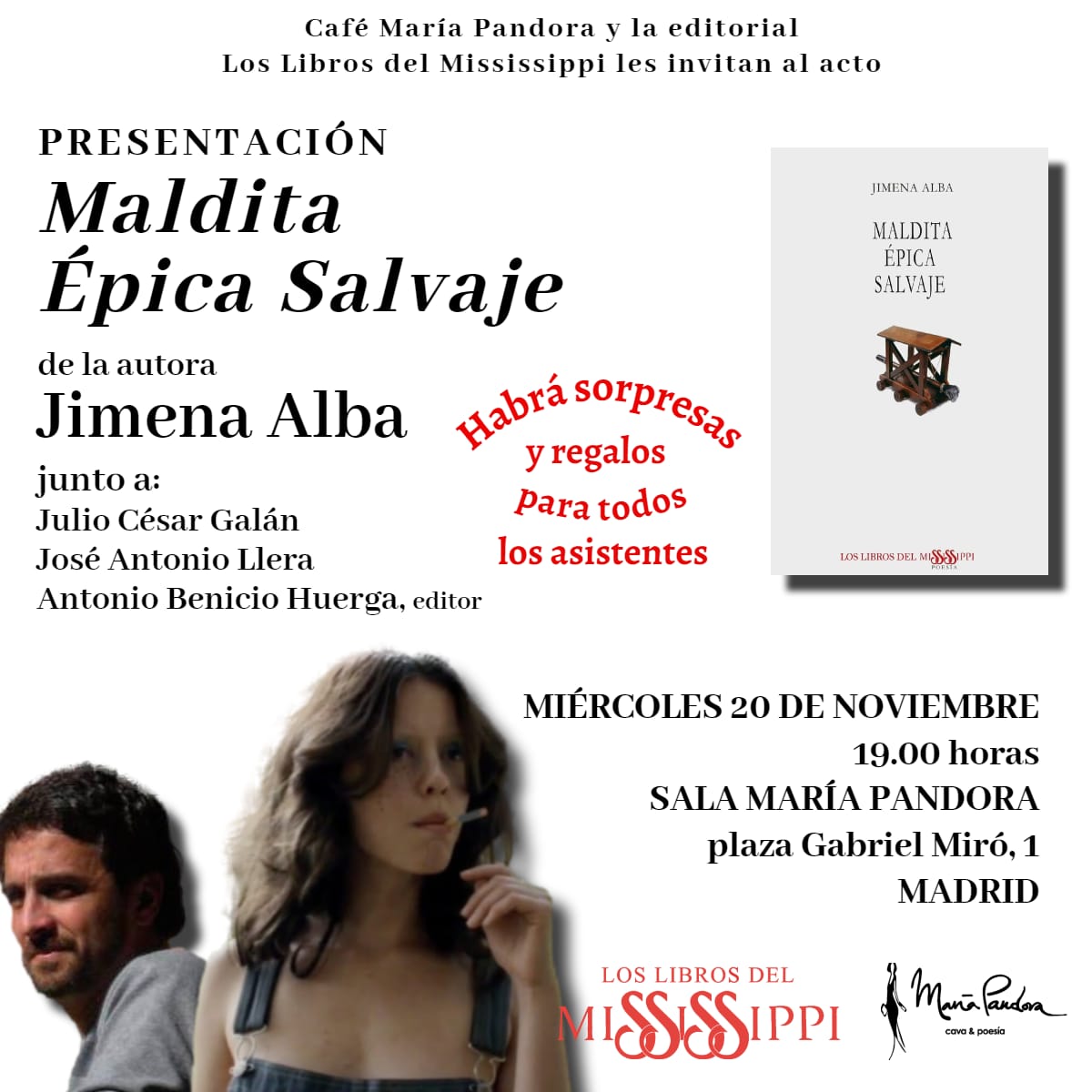 LA SEMANA QUE VIENE presentamos lo nuevo de Jimena Alba, 'Maldita Épica Salvaje' (Los Libros del Mississippi,  2023) en sala María Pandora (pza Gabriel Miró, 1 MADRID) miércoles 20 noviembre a las 19 hs. 
Habrá regalos y SORPRESAS para todos los asistentes.
ENTRADA LIBRE