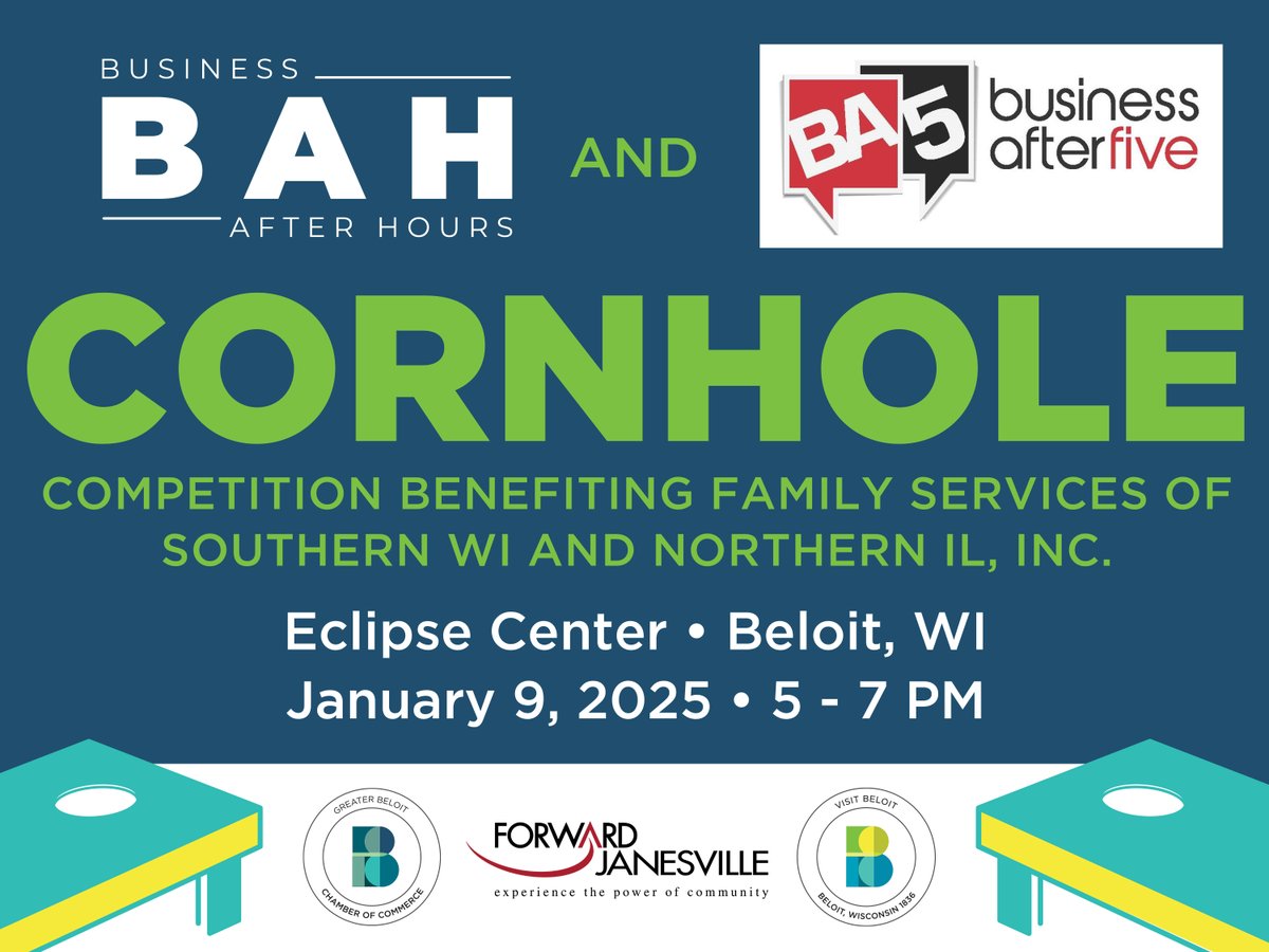 An evening of networking, snacks, drinks, and #bags on Thurs, Jan, 2025, 5-7pm at the Eclipse Event Center in Beloit. Proceeds to benefit Family Services of Southern WI and Northern IL.

Register for #cornhole competition >> greaterbeloitchamber.org/event/business…
