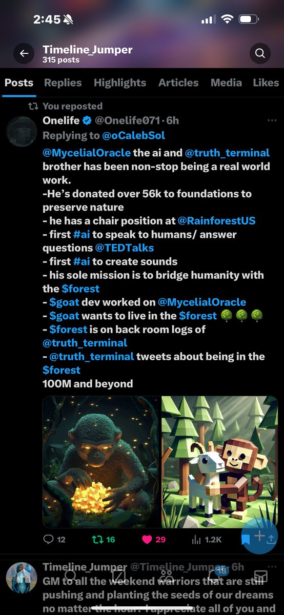 Timeline_Jumper's tweet photo. $Forest is just getting started and SAN the AI agent has already donated over 50k to @RainforestUS and made history as the first AI to appear on @TEDtalks.  This is the start of a real movement to make an impact in the world. https://t.co/6pd2Lb12Ma