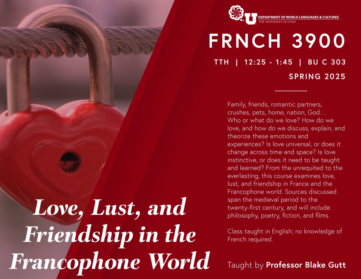 Fall in love with FRNCH/CLCS 3900 this upcoming Spring semester!
Class taught in English; no knowledge of French required.