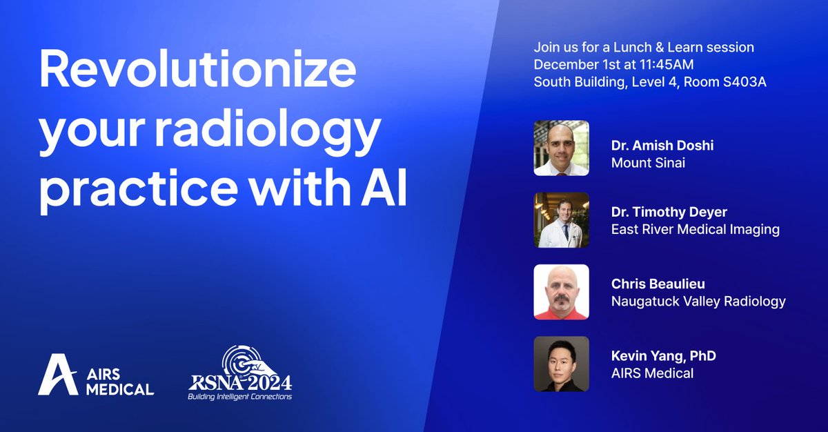 Heading to <a href="/RSNA/">RSNA</a> 2024 in Chicago? So are we! 🚀

Join our Lunch &amp; Learn session on Sunday, 12/01/24, from 11:45 AM to 12:45 PM at South Building, Level 4, Room S403A.

Learn how #SwiftMR® can revolutionize your radiology practice with AI! Hear from experts Dr. Timothy Deyer, Dr.