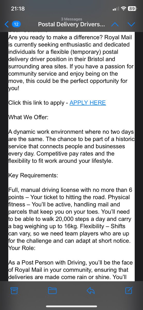 Attached is a screenshot of an email from a recruiter advertising for posties for Christmas.
As the recipient (not me) said, (sarcastically) would I have to get the points to be eligible to apply? 
🤦‍♂️ 6 points? I despair