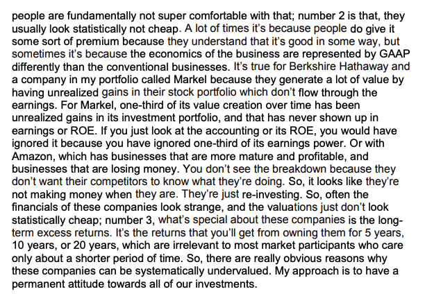 Josh Tarasoff on what makes him different from other "traditional" value investors. 

This stuff is pure gold.