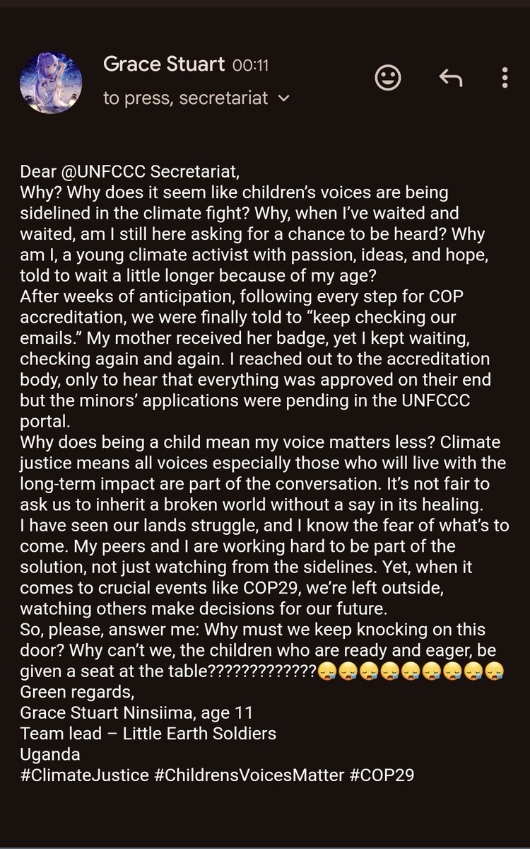 After days of waiting, I’m left with one question for <a href="/UNFCCC/">UN Climate Change</a>: When will children’s voices be truly included in the climate fight? Here’s my letter to you! #ChilrenVoicesmatter #COP29Baku
<a href="/UNFCCC/">UN Climate Change</a>
<a href="/COP29_AZ/">COP29 Azerbaijan</a> 
@Cop29News 
<a href="/UNICEF/">UNICEF</a> 
<a href="/GretaThunberg/">Greta Thunberg</a> 
<a href="/vanessa_vash/">Vanessa Nakate</a> 
<a href="/LicypriyaK/">Licypriya Kangujam</a>