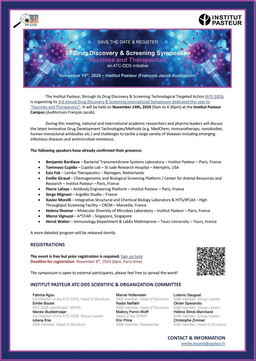 Emilie Giraud (@emilie__giraud) on Twitter photo Tomorrow is the Drug Discovery and Screening Symposium "Vaccines and Therapeutics" at <a href="/institutpasteur/">Institut Pasteur, since 1887</a> #drugdiscovery <a href="/PF_CCB_Pasteur/">PF-CCB</a> <a href="/TechnoPasteur/">C2RT - Research and Resource Technology center</a> Tomorrow is the Drug Discovery and Screening Symposium "Vaccines and Therapeutics" at <a href="/institutpasteur/">Institut Pasteur, since 1887</a> #drugdiscovery <a href="/PF_CCB_Pasteur/">PF-CCB</a> <a href="/TechnoPasteur/">C2RT - Research and Resource Technology center</a>