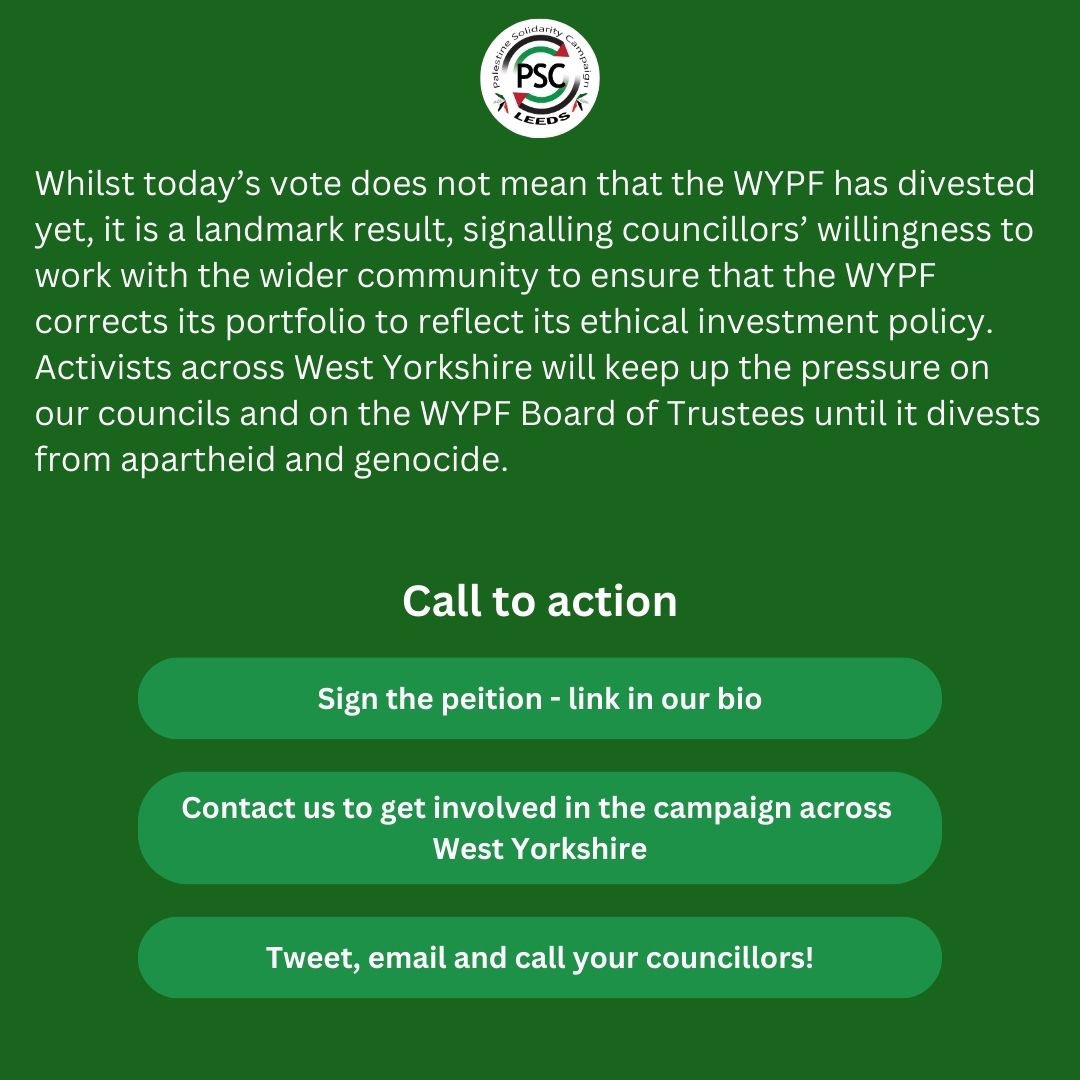 YPalCollective's tweet photo. #Leeds City Council votes to support divestment of the West Yorkshire Pension Fund from genocide.

Read @leeds_psc’s press release below.

The road ahead is long but this is a crucial, symbolic, landmark moment for our movement. We will not be complicit in Israel’s genocide. https://t.co/0ZSj2LUOat