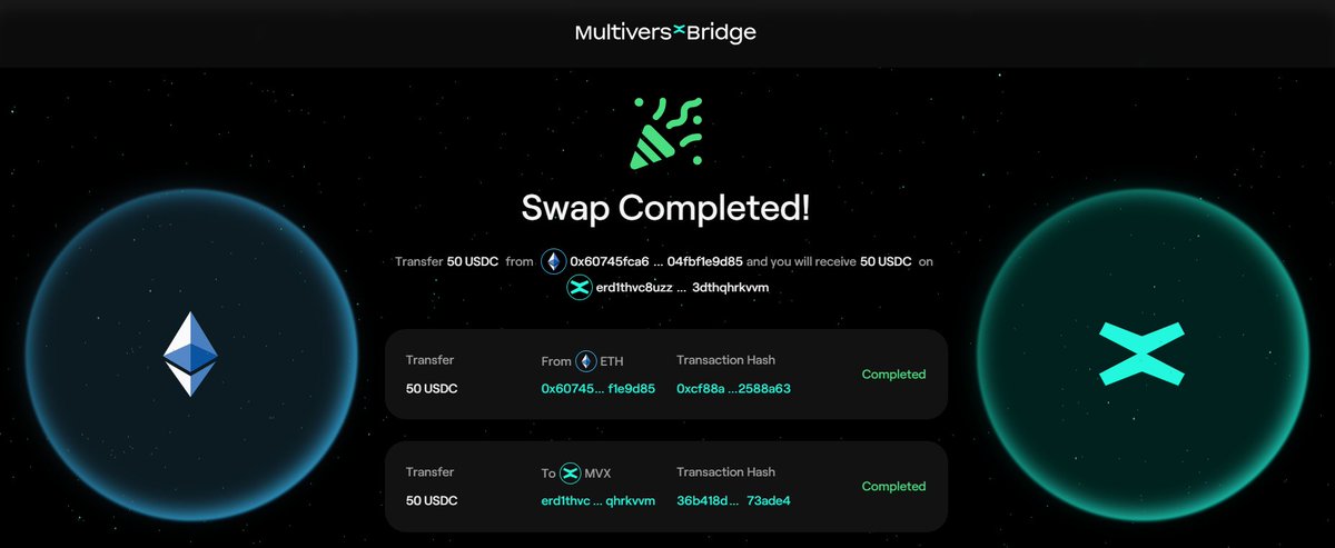 First USDC transfer through the newly upgraded MultiversX Bridge v3✅Everything's back operational, now with smart contract logic that supports multiple bridging mechanisms, like minting &amp; burning on both chains for superior security models and native interoperability.