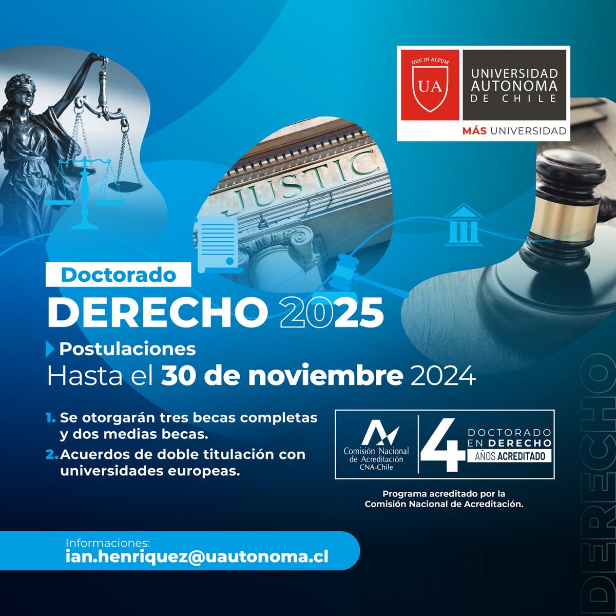 Feliz de compartir con ustedes convocatoria de nuestro Doctorado en Derecho, acreditado por la CNA por 4 años.