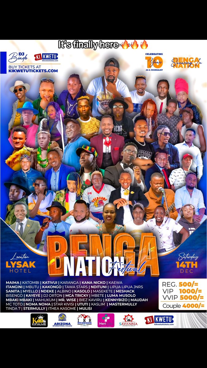 Benga Nation Festival iketha matuku14,12,December vaaye Lysak Hotel.President wa Benga Nation pwana Mjomba akaya kithitu sua usu. wathi ukambiiya saa nyanya muthenya. Wikulwa kwa ndaia uke wikiite kitonyeo kya ukaathia kithio kitu kya Mukamba.
Buy tickets 
kikwetutickets.com/l/oYA2K