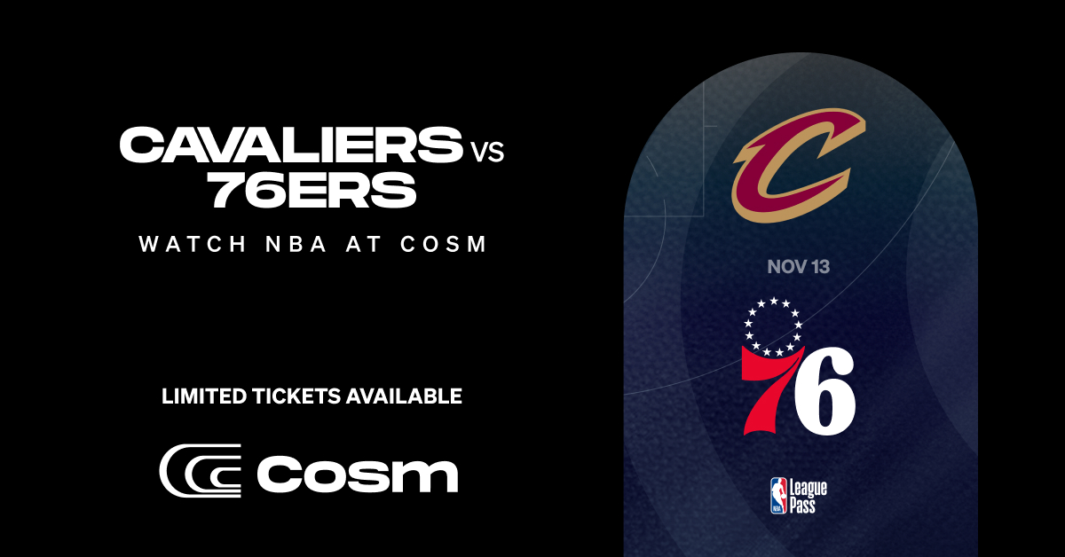 CosmLosAngeles's tweet photo. Game day is here! 🏀 
The undefeated Cavs take on the 76ers tonight, aiming to extend their winning streak. Don’t miss this intense Eastern Conference showdown—tip-off at 4:30pm! Grab your seat and feel the action live. 
#Cosm #NBAAtCosm #CavsVs76ers 

🎟️ https://t.co/sSUxBfaDar https://t.co/uavAWnNXgN