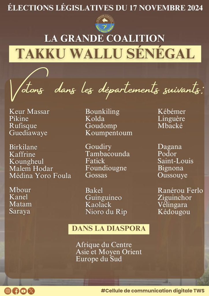 OmarSokhna9's tweet photo. 🚨*Les départements où voter TWS à la suite des accords de ce jour. Liste finale.*
*Bonne réception.*
#senegal #sunuelection #senegalvote https://t.co/JjB2XI1c1h