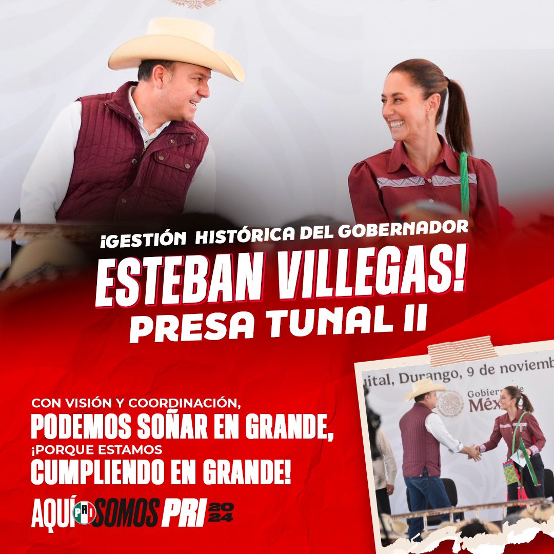 PRI Durango (@cde_pri_durango) on Twitter photo El PRI Durango reconoce el liderazgo del gobernador <a href="/EVillegasV/">Esteban Villegas V.</a> para hacer realidad la Presa Tunal II, confirmada por la presidenta Claudia Sheinbaum. Tras más de 70 años de espera, esta obra garantiza agua para Durango y su desarrollo en los próximos 50 años. ¡Así gobierna el El PRI Durango reconoce el liderazgo del gobernador <a href="/EVillegasV/">Esteban Villegas V.</a> para hacer realidad la Presa Tunal II, confirmada por la presidenta Claudia Sheinbaum. Tras más de 70 años de espera, esta obra garantiza agua para Durango y su desarrollo en los próximos 50 años. ¡Así gobierna el