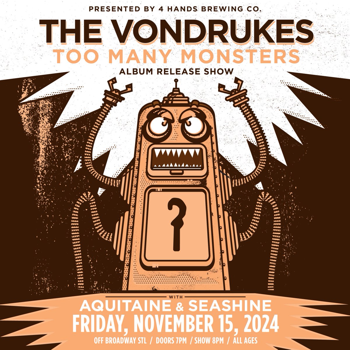 The Vondrukes (@thevondrukes) on Twitter photo FRIDAY NIGHT (11/15) we are playing <a href="/offbroadwaystl/">Off Broadway</a> for our Album Release Show with <a href="/aquitainemusic/">AQUITAINE</a> and @seashineband, presented by <a href="/4HandsBrewingCo/">4 Hands Brewing Company</a>. #SupportLocal #LocalMusic #STL #STLMusic FRIDAY NIGHT (11/15) we are playing <a href="/offbroadwaystl/">Off Broadway</a> for our Album Release Show with <a href="/aquitainemusic/">AQUITAINE</a> and @seashineband, presented by <a href="/4HandsBrewingCo/">4 Hands Brewing Company</a>. #SupportLocal #LocalMusic #STL #STLMusic
