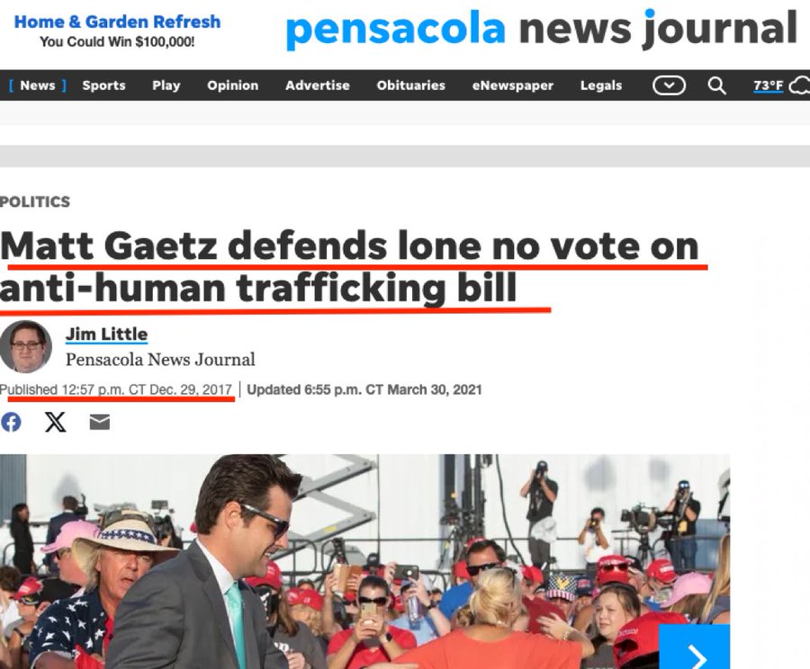 highbrow_nobrow's tweet image. In 2017, Matt Gaetz stood as the sole dissenting vote against an anti-human trafficking bill.
