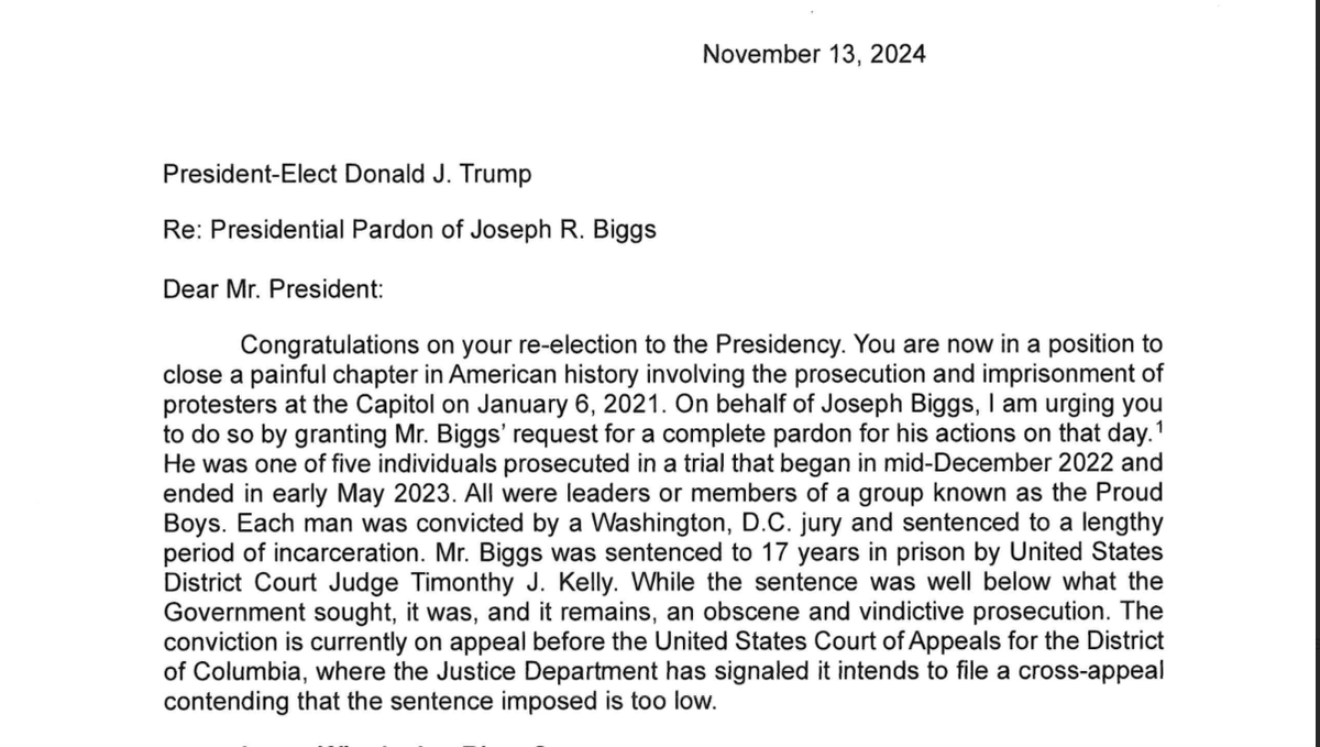 Just in: Lawyers for Joe Biggs, the Proud Boys leader sentenced to 17 years in prison on a seditious conspiracy conviction stemming from the Jan. 6 attack on the Capitol, has formally asked Trump for a pardon.