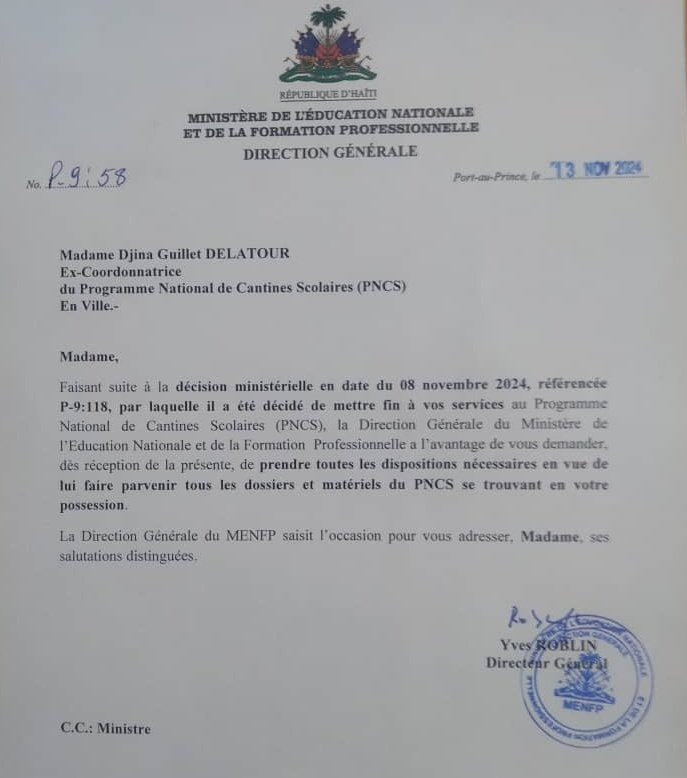 AlterNewsOnline's tweet photo. 🔴 La Direction Générale du ministère de l'Éducation Nationale et de la Formation Professionnelle (@MENFP_Education) a adressé une correspondance, ce mercredi 13 novembre 2024, à l'intention de l'ex-coordonnatrice du Programme National de Cantine Scolaire, Mme Djina Guillet Délatour, pour lui demander de prendre toutes les dispositions nécessaires en vue de faire parvenir tous les dossiers et matériels du #PNCS se trouvant en sa possession. Mme @djinadelatour a été remplacée dans cette fonction par Me Kevenot Dorvil. #AlterNews