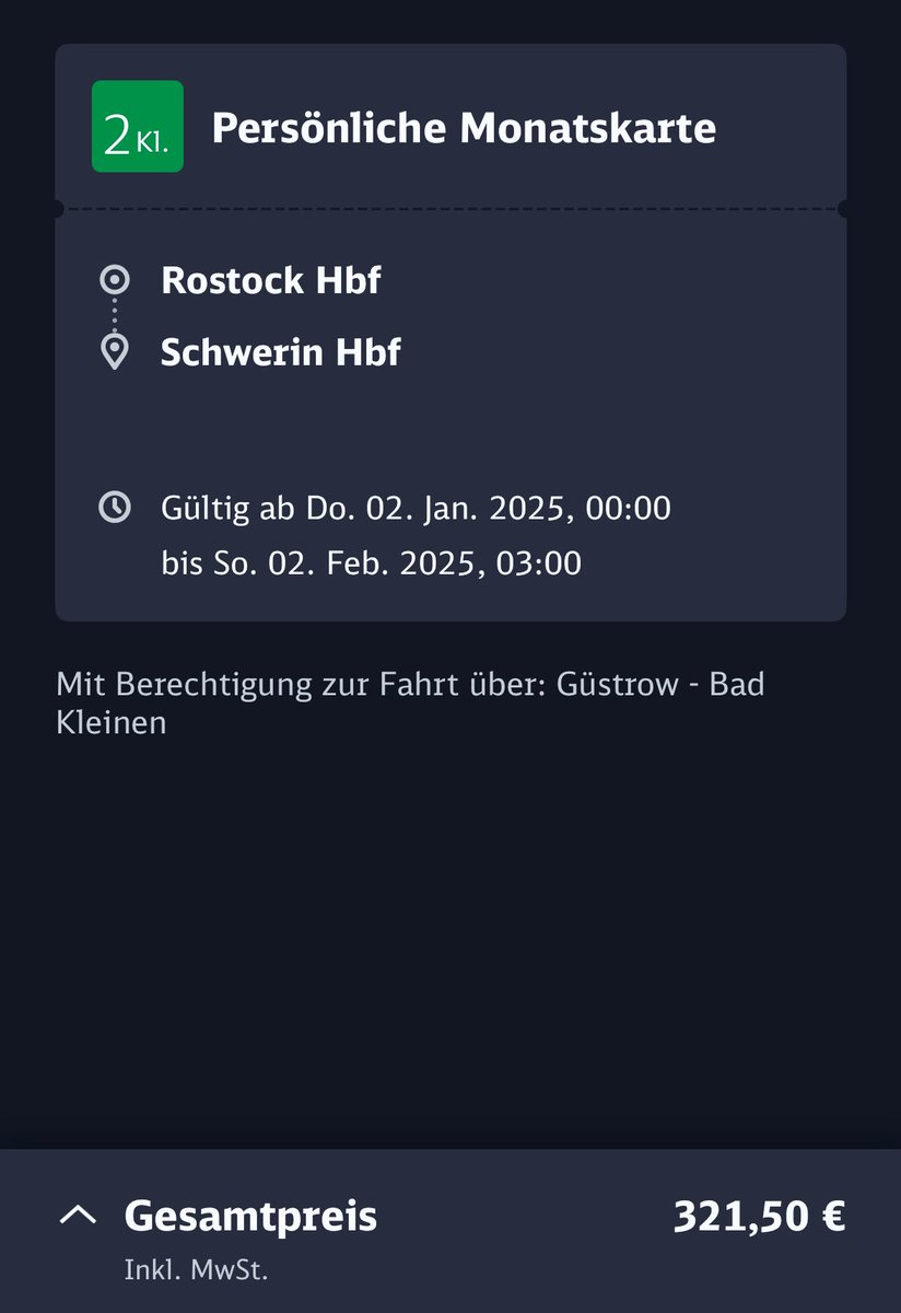 Das ist übrigens der Preis einer Monatskarte für Pendler:innen zwischen Rostock und Schwerin, falls so abgehobene Hunde von der CDU im neuen Jahr das Deutschlandticket mit ihrem A**** einreißen: satte 263,50 Euro Mehrbelastung pro Monat!