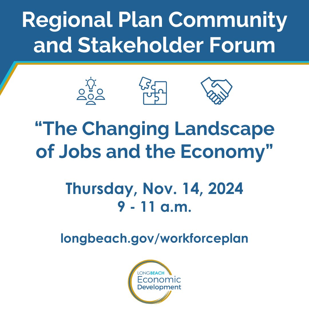 LBEconDev's tweet photo. 📣 Join us for the Regional Plan Community and Stakeholder Forum, hosted by @SouthBayWIB to help us strategize and create a plan for our regional economy. 🤝 #LongBeachWorks
🗓️ Thu. Nov. 14, 9 - 11 a.m.
Register at the link 🔗 https://t.co/TFBDZzTOa1 https://t.co/ELObmAYFlW