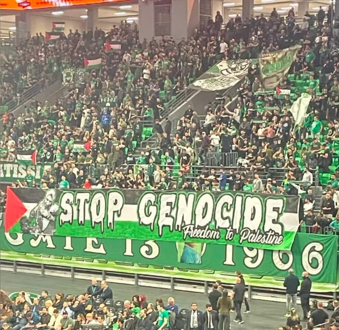 The response of Panathinaikos fans to the call of Panthinaikos FC not to hang any political banners at today's game with Maccabi Tel Aviv.