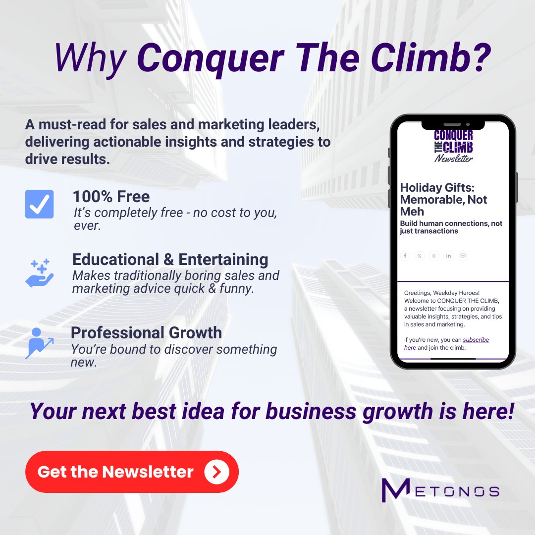 JSaig's tweet image. Wondering how to nail the perfect gift for your #B2B customers this season?

Read my latest #newsletter where I break down meaningful giving that goes beyond branded notebooks, a cheap gift basket, or perishable foods.

metonos.beehiiv.com/p/holiday-gift…

#sales #marketing