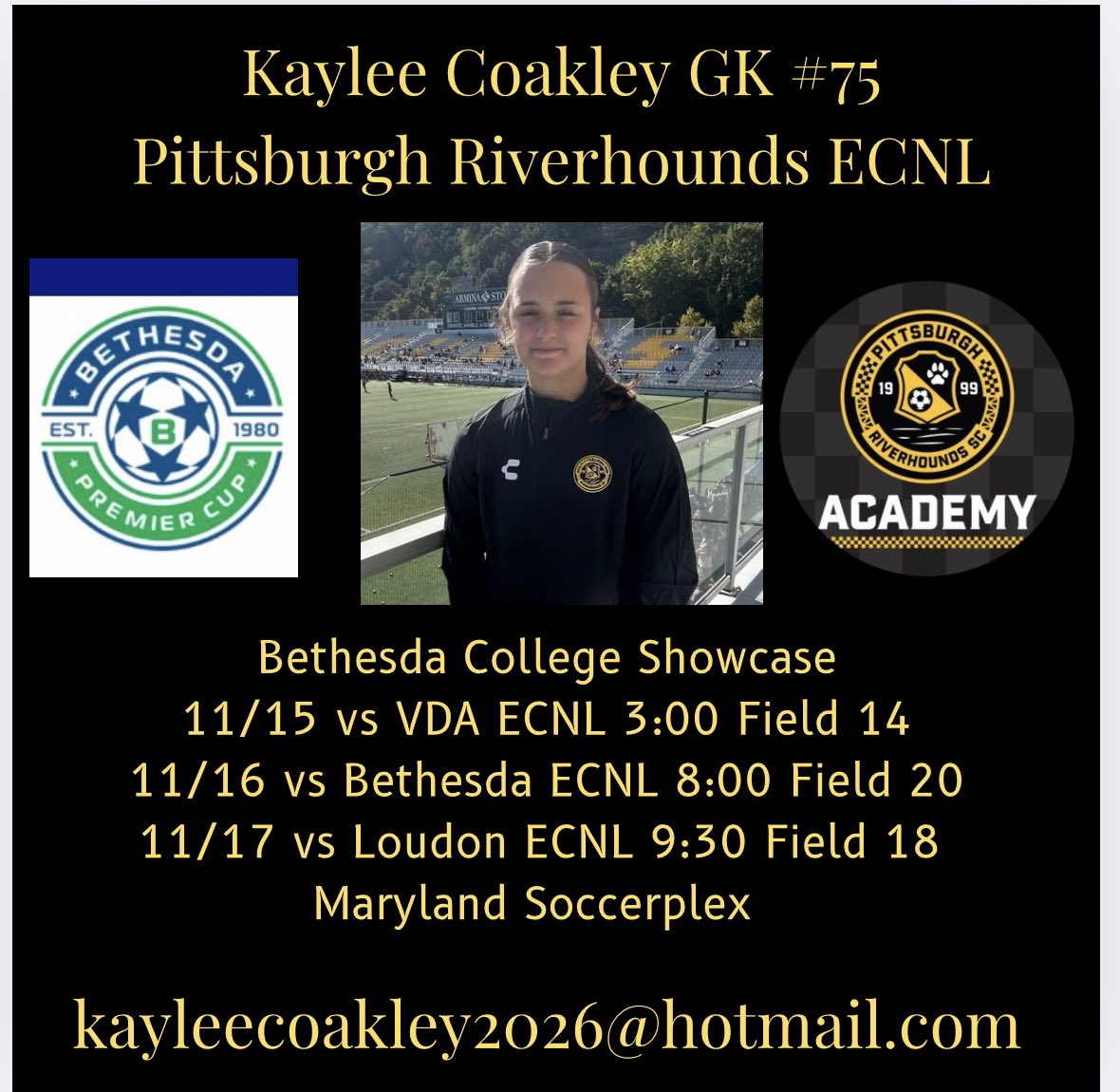 Kaylee Coakley- ECNL GK 🧤2026 (@kayleecoakley26) on Twitter photo 🚨<a href="/BethesdaCup/">Bethesda Premier Cup</a> this weekend! 🚨Please come check out our 08 ECNL Riverhounds team! 🧤 <a href="/ImYouthSoccer/">ECNL/GA/Recruiting/College Soccer</a> <a href="/ImCollegeSoccer/">College Soccer Truth ™</a> <a href="/NcsaSoccer/">NCSA Soccer</a> <a href="/CoastRecruits/">Coast 2 Coast Recruits</a> <a href="/Internespo/">Internespo - College Soccer</a> <a href="/HoundsAcademy/">The Riverhounds Academy</a> <a href="/ugkalliance/">@unitedgkalliance</a> <a href="/gkpittsburgh/">Erik Eisenhut</a> <a href="/GoMVB/">GoMVB Get Seen. Get Serious. Get to the Next Level</a> <a href="/PrepSoccer/">Prep Soccer ⚽️</a> <a href="/TopPreps/">College Coach / College Scout / College Recruiter</a> <a href="/TopDrawerSoccer/">TopDrawerSoccer</a> <a href="/collegesoccercr/">College Soccer Creator</a> <a href="/ncsa/">NCSA College Recruiting</a> <a href="/JREskilson/">J.R. Eskilson</a> 🚨<a href="/BethesdaCup/">Bethesda Premier Cup</a> this weekend! 🚨Please come check out our 08 ECNL Riverhounds team! 🧤 <a href="/ImYouthSoccer/">ECNL/GA/Recruiting/College Soccer</a> <a href="/ImCollegeSoccer/">College Soccer Truth ™</a> <a href="/NcsaSoccer/">NCSA Soccer</a> <a href="/CoastRecruits/">Coast 2 Coast Recruits</a> <a href="/Internespo/">Internespo - College Soccer</a> <a href="/HoundsAcademy/">The Riverhounds Academy</a> <a href="/ugkalliance/">@unitedgkalliance</a> <a href="/gkpittsburgh/">Erik Eisenhut</a> <a href="/GoMVB/">GoMVB Get Seen. Get Serious. Get to the Next Level</a> <a href="/PrepSoccer/">Prep Soccer ⚽️</a> <a href="/TopPreps/">College Coach / College Scout / College Recruiter</a> <a href="/TopDrawerSoccer/">TopDrawerSoccer</a> <a href="/collegesoccercr/">College Soccer Creator</a> <a href="/ncsa/">NCSA College Recruiting</a> <a href="/JREskilson/">J.R. Eskilson</a>