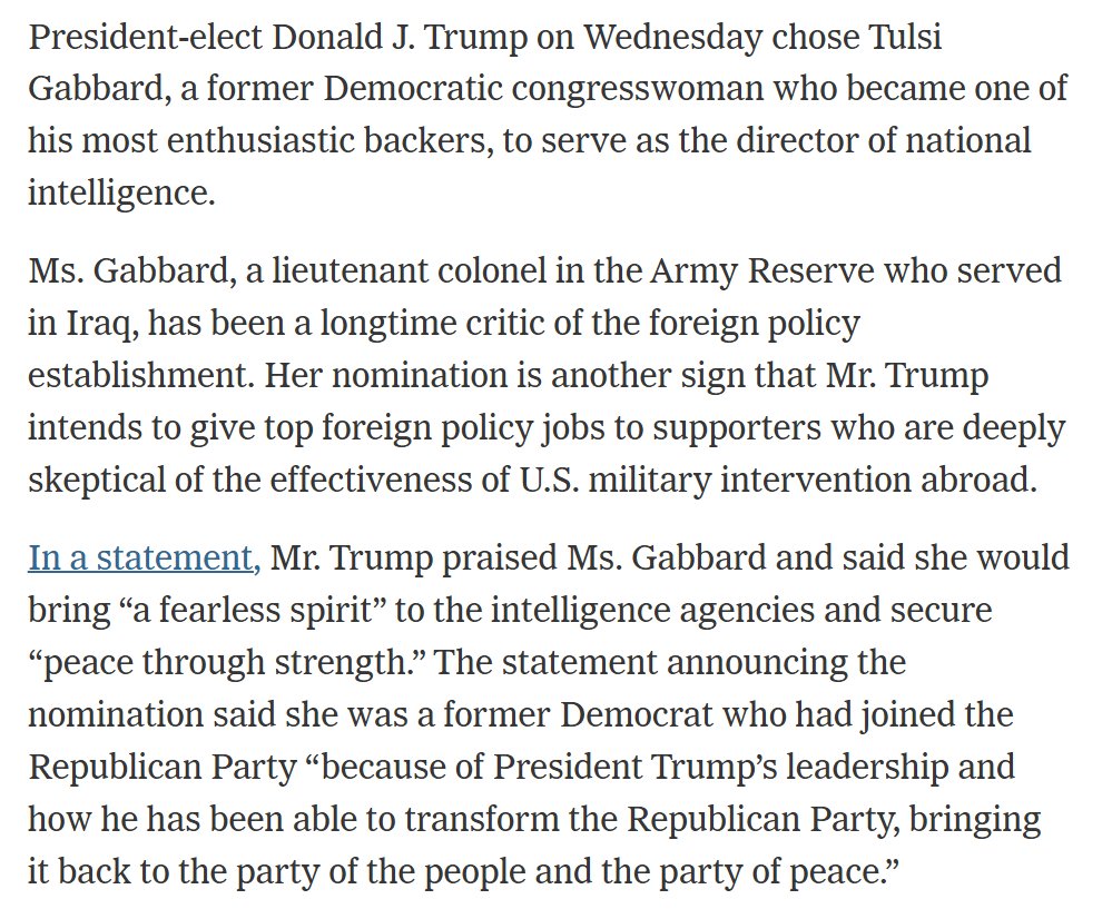My God. This is what the NYT's first pass at the Tulsi Gabbard news looks like. Treating this as totally normal. Just amazing.