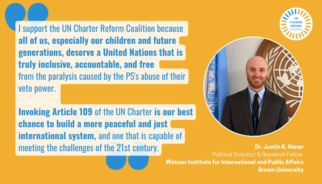 UN Charter Reform Coalition (UNCRC) (@uncharterreform) on Twitter photo Who else supports reforming the #UNCharter?
#Academics & Scholars.
Dr. <a href="/JustinKHaner/">Dr. Justin K. Haner</a> Research Fellow, @WatsonInstitute for International and Public Affairs, <a href="/BrownUniversity/">Brown University</a> is next in our series of leaders from different spheres who support the <a href="/UNCharterReform/">UN Charter Reform Coalition (UNCRC)</a> Coalition. Who else supports reforming the #UNCharter?
#Academics & Scholars.
Dr. <a href="/JustinKHaner/">Dr. Justin K. Haner</a> Research Fellow, @WatsonInstitute for International and Public Affairs, <a href="/BrownUniversity/">Brown University</a> is next in our series of leaders from different spheres who support the <a href="/UNCharterReform/">UN Charter Reform Coalition (UNCRC)</a> Coalition.
