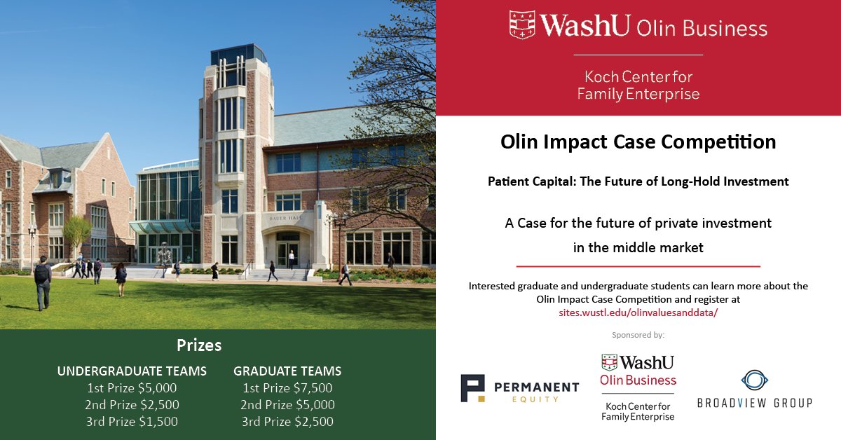 Explore the future of middle-market investment at WashU Olin’s Impact Case Competition! Students will propose models in areas like extended time horizon investment, employee ownership, and data analytics. 

Register by Nov 24: bit.ly/3O76Lyt

#OlinImpact #WashUOlin
