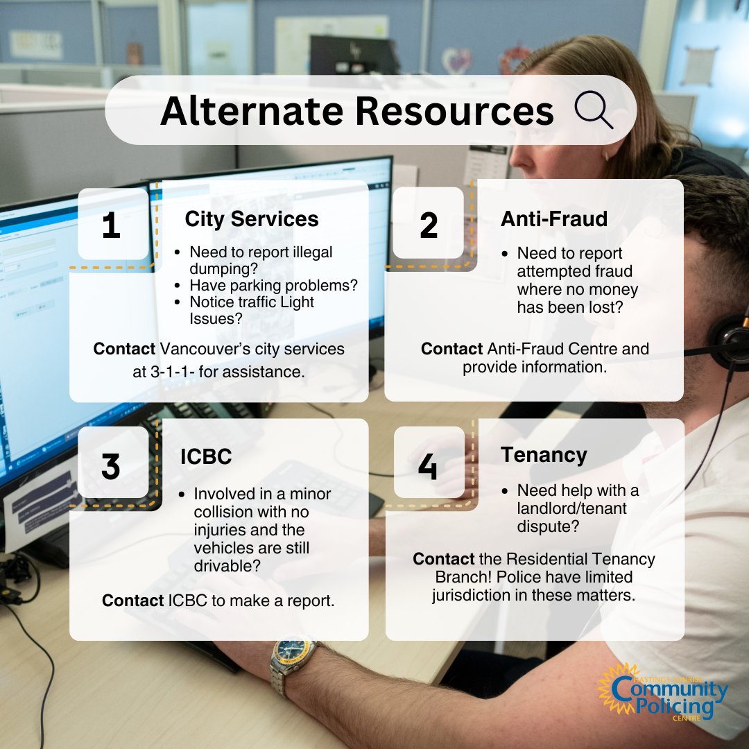 HastingsCPC's tweet image. Keep 9-1-1 free for emergencies! In addition to calling @VancouverPD&apos;s non-emergency line, also consider contacting alternate resources for your specific needs. 

#maketherightcall
