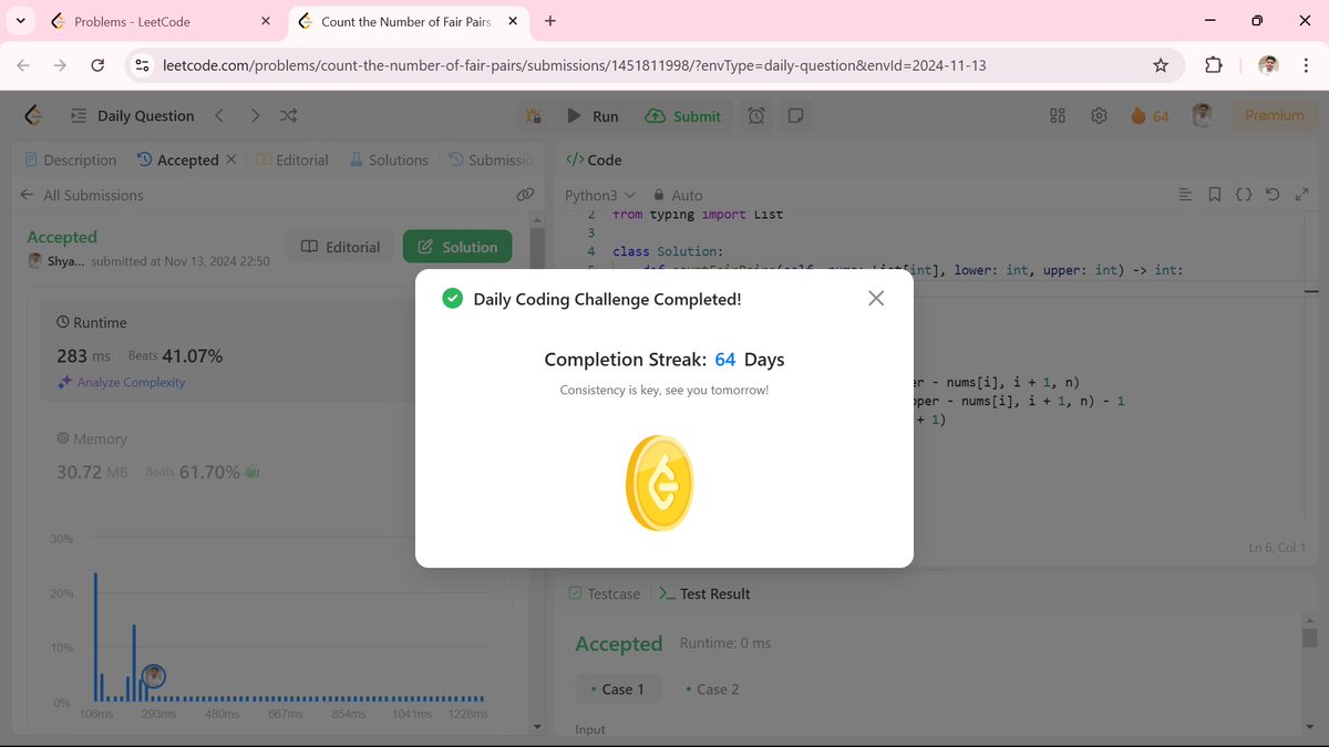 iamshyamgoyal's tweet photo. ๐๏ธ Day 72 of #100DaysOfCode
#POTD
โ
2563. Count the Number of Fair Pairs (#LeetCode)
โ
Intersection Point in Y Shaped Linked Lists (#GFG)
#CodingJourney #LearnInPublic #DSA #TechTwitter #CodeNewbies #100DaysOfCodeChallenge #LinkedListMastery #AlgorithmPractice https://t.co/AG88PgXIuu
