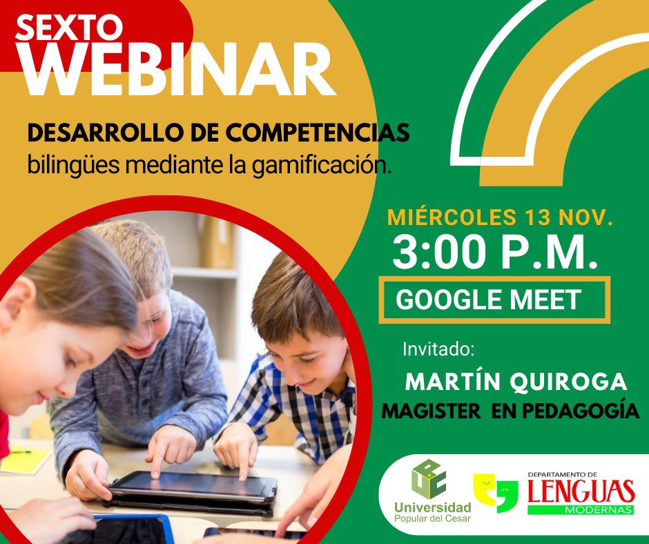 LmodernasUPC's tweet photo. ¡No te pierdas nuestro sexto webinar!
Miércoles 13 de noviembre.
3:00 p.m.
Descubre cómo utilizar la gamificación para potenciar el aprendizaje de un segundo idioma de manera divertida y efectiva. 

🔗 Enlace para unirse al webinar:

https://t.co/idpxY1F7QX https://t.co/1Vcp1Ic5x9