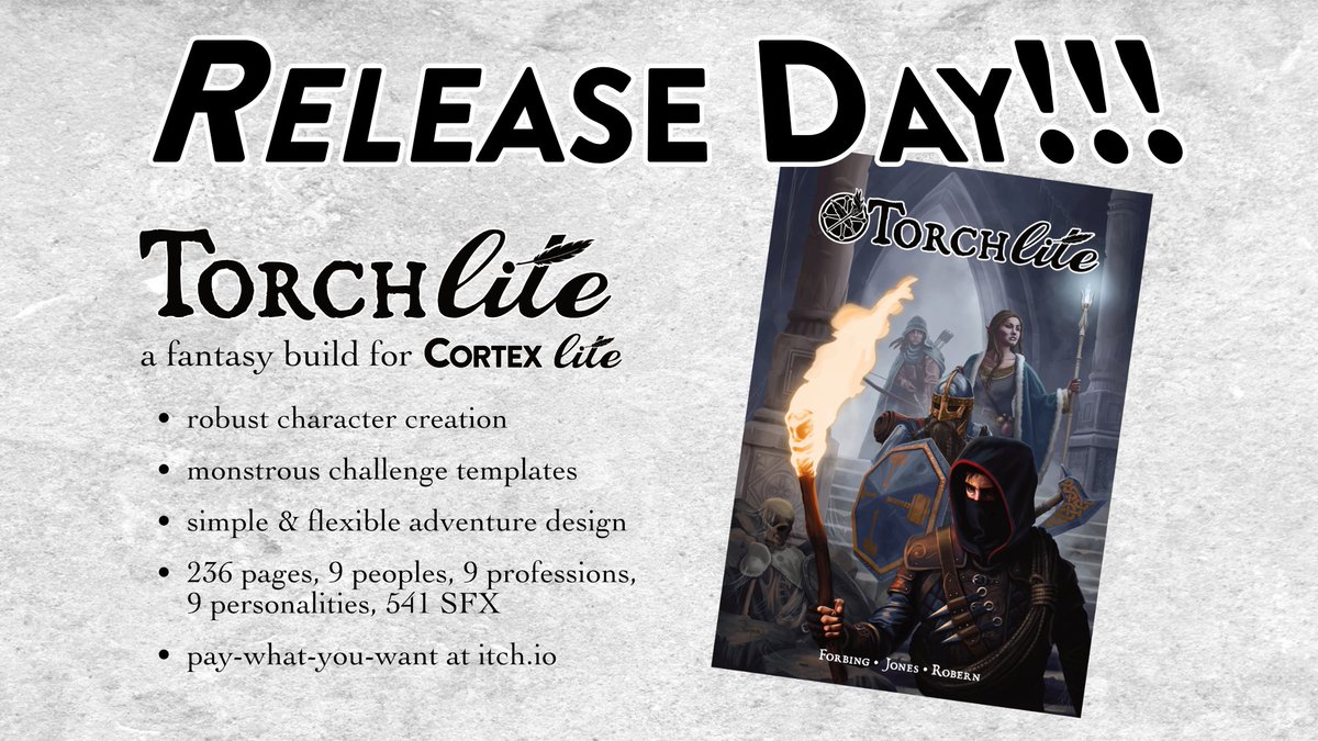 JeremyForbing's tweet photo. It's out! TorchLite is a customizable, narrative pulp-fantasy #TTRPG focused on character development &amp; compelling stories of action &amp; exploration compatible w/ Cortex RPG.

Somehow, this feels like the culmination of 8 years of creating content for #dnd5e.

Check it out below: https://t.co/zlwpiPs6SV