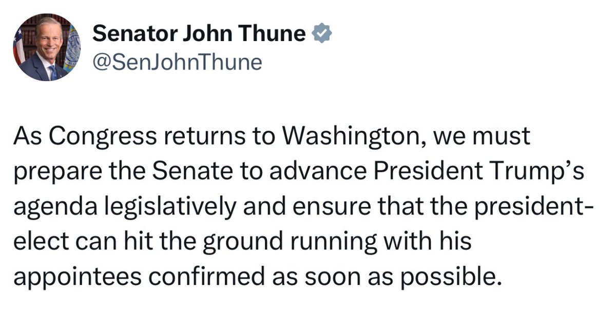 TONYxTWO's tweet image. Alright, Thune. 

Let’s see if you actually work to advance Trump’s agenda and help him hit the ground running.

If not, we will work tirelessly to get you removed from that position.