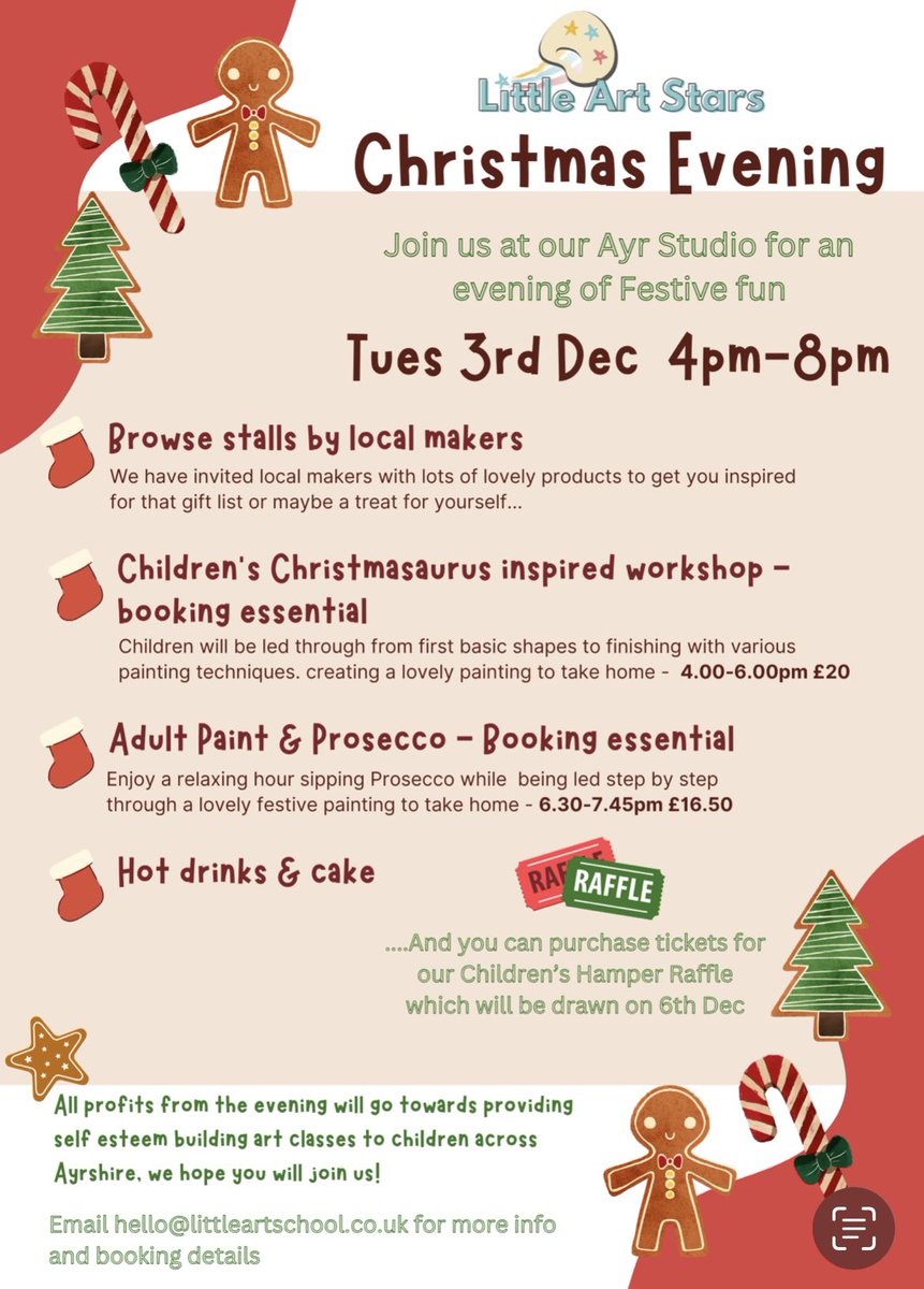 LittleArtStars's tweet photo. Our children’s Christmasaurus inspired workshop is on sale now,

Email hello@littleartschool.co.uk to book

Date: Tuesday 3rd December 
Time: 4pm-6pm
Location: 12 Alloway Place, Ayr
Cost: £20 https://t.co/ODPSyGgJia