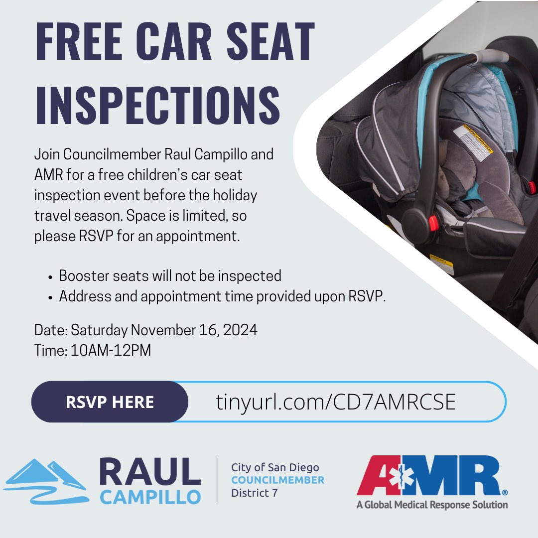 Children First Collective (@childrenfirstco) on Twitter photo Mark your calendars!
Saturday, Nov 16, join <a href="/CMRaulCampillo/">Councilmember Raul Campillo</a> & <a href="/AMR_Social/">American Medical Response</a> for a FREE car seat inspection!
As we enter this year’s holiday season, we urge all parents of young children to ensure their car seats are installed correctly.
Space is limited!
jotform.com/243035288303048 Mark your calendars!
Saturday, Nov 16, join <a href="/CMRaulCampillo/">Councilmember Raul Campillo</a> & <a href="/AMR_Social/">American Medical Response</a> for a FREE car seat inspection!
As we enter this year’s holiday season, we urge all parents of young children to ensure their car seats are installed correctly.
Space is limited!
jotform.com/243035288303048