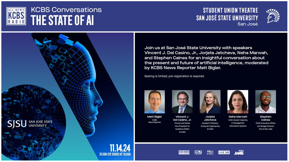 Join us at SJSU on Nov 14, 2024, for a chat on AI's future with experts!

 Register: ow.ly/SI0750U6gRi 

#AI #SJSU #Innovation