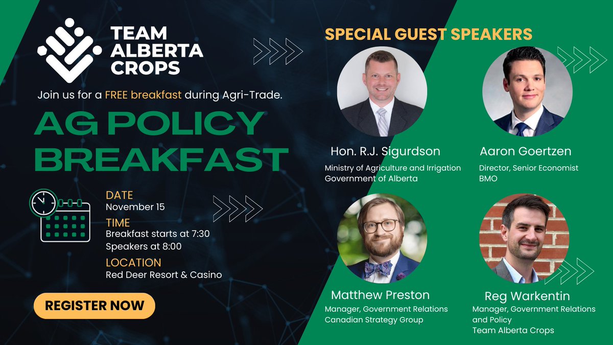 Team Alberta Crops is hosting a FREE Ag Policy Breakfast this Friday in Red Deer. Don’t miss out on crucial talks by ag leaders while enjoying a hearty breakfast. 

Secure your spot today at: bit.ly/4foWkBW

#AbAg #WestCdnAg