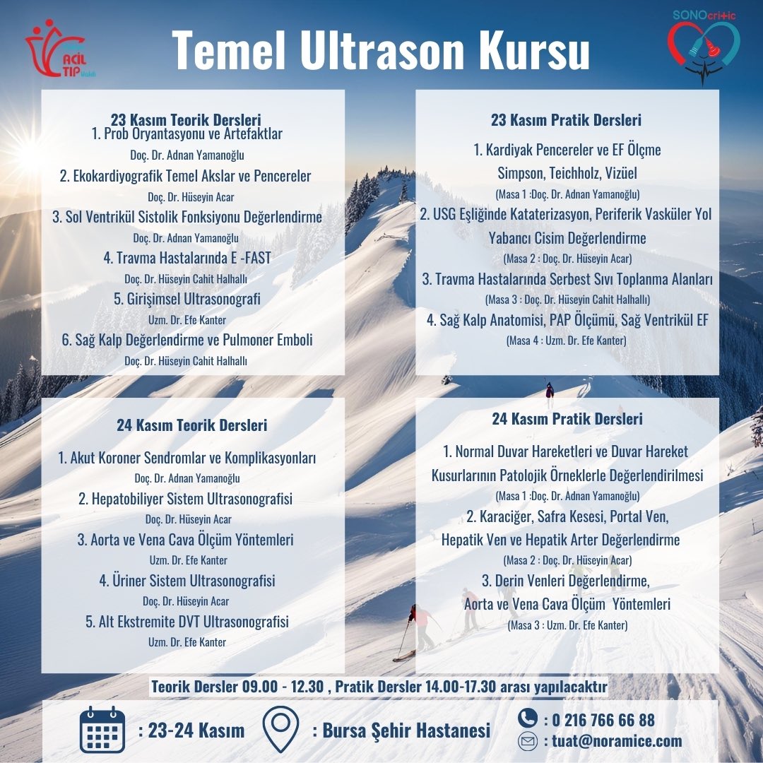 📚 : SonoCritic Bursa Temel USG Kursu
🗓️ : 23-24 Kasım 2024
📍 : Bursa Şehir Hastanesi
☎️ : 0 216 766 66 88
📧 : tuat@noramice.com