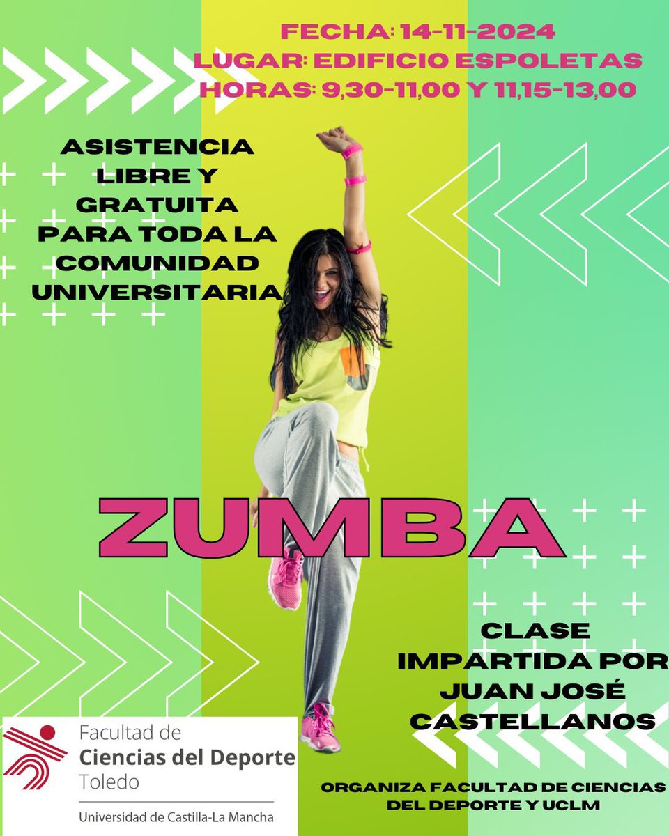 Mañana jueves clase de zumba en el edificio espoletas de la fábrica de armas . 😀

Toda la info en el cartel adjunto … Animaros y participar !!!

<a href="/uclm_es/">Universidad de Castilla-La Mancha</a> <a href="/FACDEPORTEUCLM/">FAC. DEPORTE. UCLM</a>