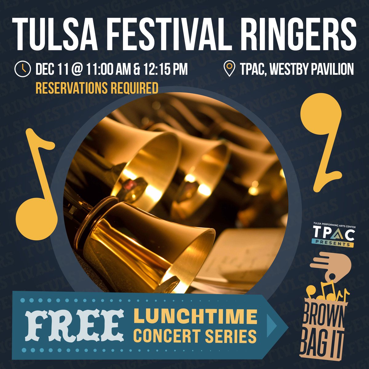The Festival Bell Ringers are returning with 2 FREE concerts on Dec. 11! 🎄🎶

Seats fill up fast, so make sure to reserve your spot today! Join us at 11 am or 12:15 pm in the Williams Theatre. Secure your seat now and celebrate the season with us! 

🔗am.ticketmaster.com/tulsapac/buy?i…