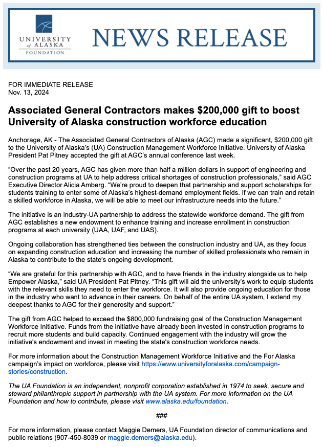 UAlaskaPres's tweet photo. It will also provide ongoing education for those in the industry who want to advance in their careers. We are grateful for this partnership with @AGCAlaska , and to have industry alongside us as we Empower Alaska. I extend my deepest thanks to AGC for their generosity &amp; support! https://t.co/9Ua5A2TFaZ