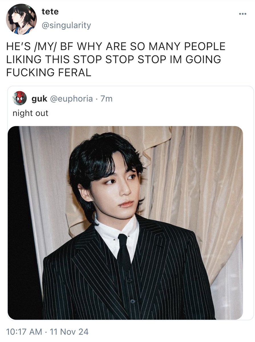 taegukfm's tweet photo. #taekookau 🔞 

where jeongguk posts a pic of his outfit on twitter to impress his boyfriend, taehyung.

however, a few.. thousands of people see his tweet and taehyung can’t help but go absolutely feral because of it. https://t.co/lze9DLn2mv