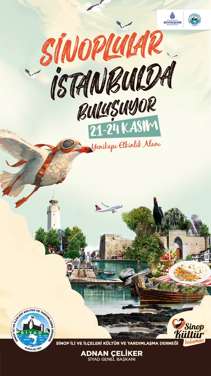 TÜRKİYE'nin en mutlu kenti İstanbul'da!...
10. sunu düzenleyeceğimiz İstanbul'daki Sinopluların buluşma noktası Yenikapı..

21-24 Kasım tarihleri arasındaki Kültür Buluşmalarına tüm halkımız davetlidir.
#sinop #ayancık #boyabat #dikmen #erfelek #gerze #türkeli #saraydüzü #durağan